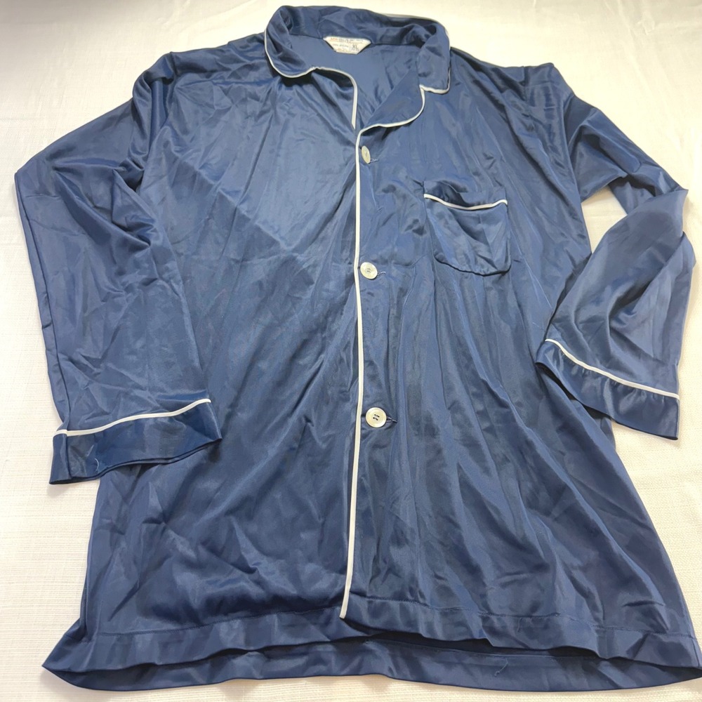 VTG JC Penny Satin Navy Blue Nylon Pajama Top XL 46 48 White Trim‎ Button Down